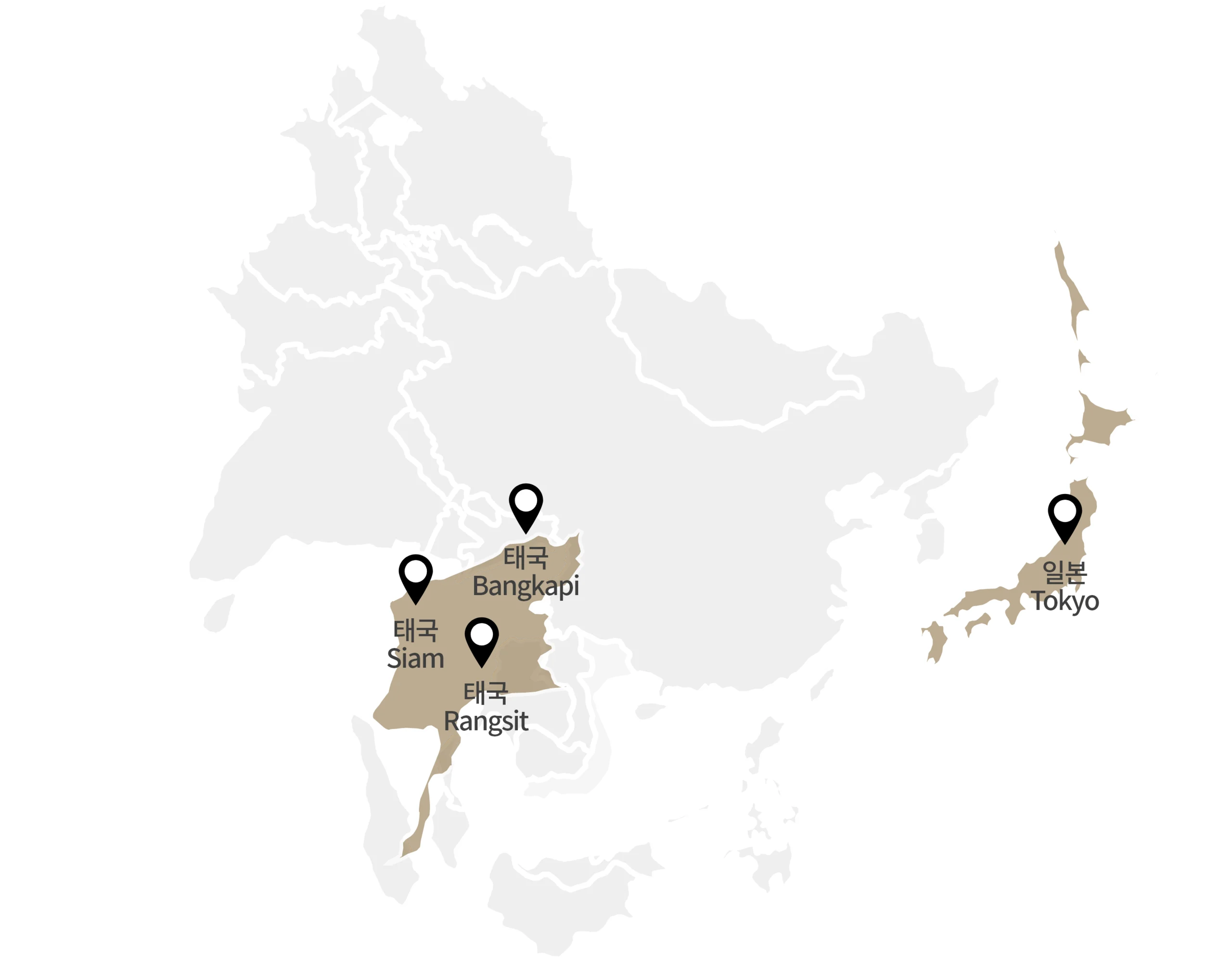 アジアの地図と、タイのバンカピ、サイアム、ランシット、日本の東京の場所を示すピン