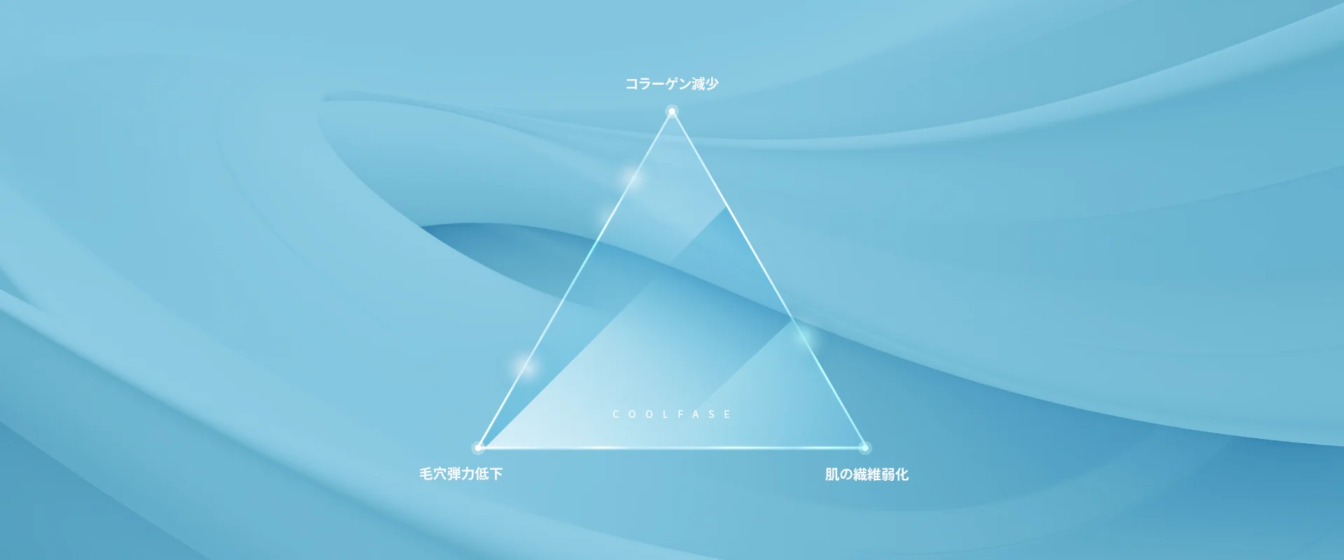 クールフェイスの肌情報：コラーゲン減少、毛穴弾力低下、肌の繊維芽細胞化を示す図。