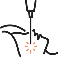 手と機械、オレンジ色の花のような図形のイラスト。