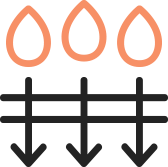 オレンジ色の水滴がフィルターを通過し、下向きの矢印で流れ落ちる図。