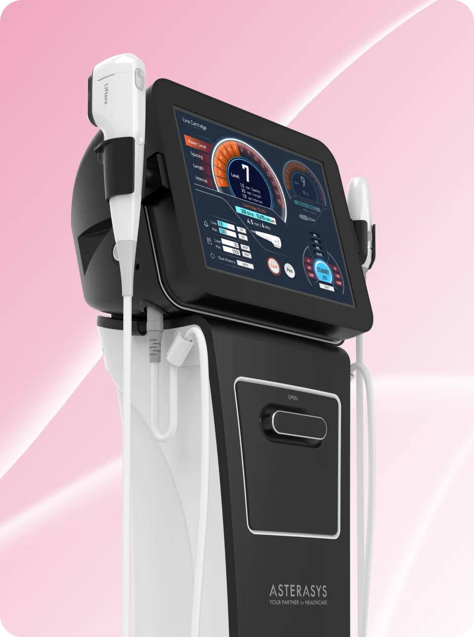 リフテラ2の医療用美容機器で、タッチパネルとアプリケーターが特徴です。