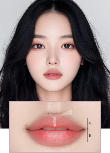 リップフィラー施術の参考画像：女性の顔と唇の拡大図、比率を示す線入り