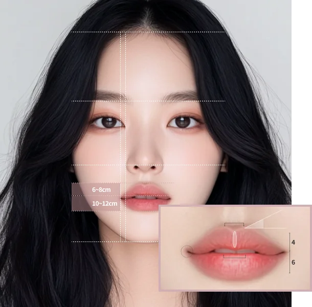 リップフィラー施術の説明図で、女性の顔に唇の寸法線が描かれている。