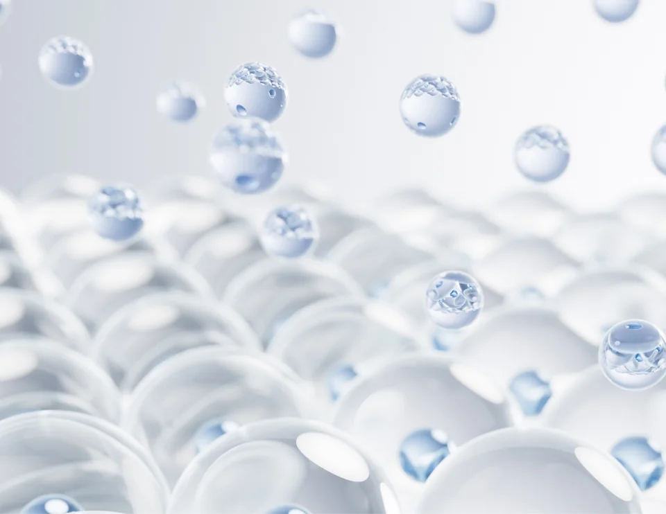 首シワフィラーのイメージ：肌の表面に小さな球体が浸透していく様子